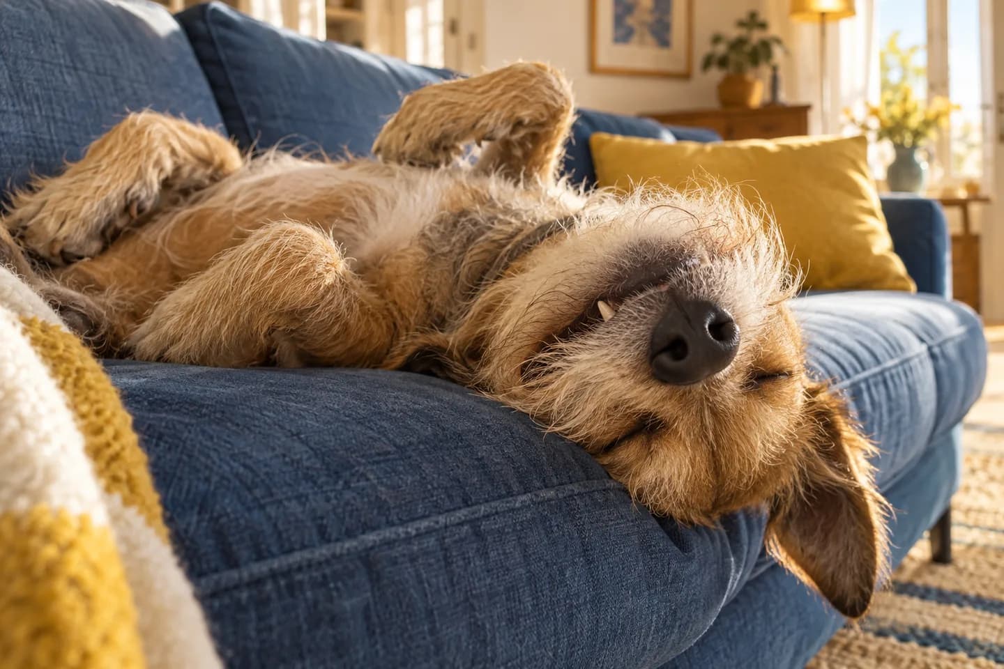 Un chien à poil dur endormi sur le dos dans un canapé bleu, une petite dent qui dépasse.