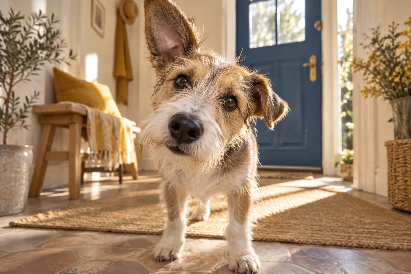 Un chien ébouriffé penche la tête dans une entrée ensoleillée, une grande oreille dressée et l’autre repliée.